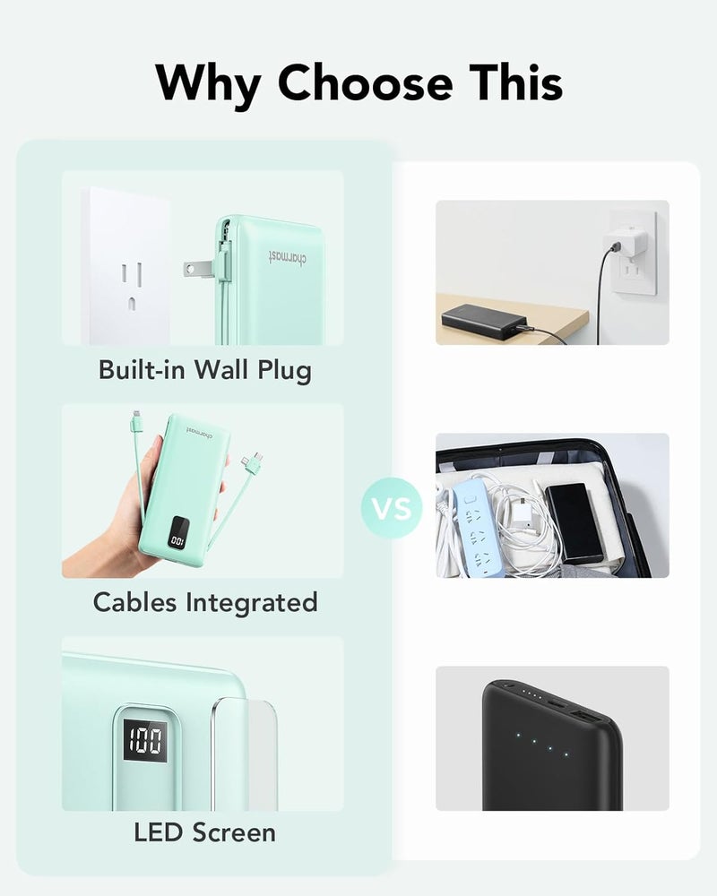 Charmast Portable Charger with Built-in Cables and Plug, 10000mAh USB C Power Bank Fast Charging, External Battery Pack Slim, Travel Essentials Compatible with iPhones, Samsung Galaxy, iPad - Image 5